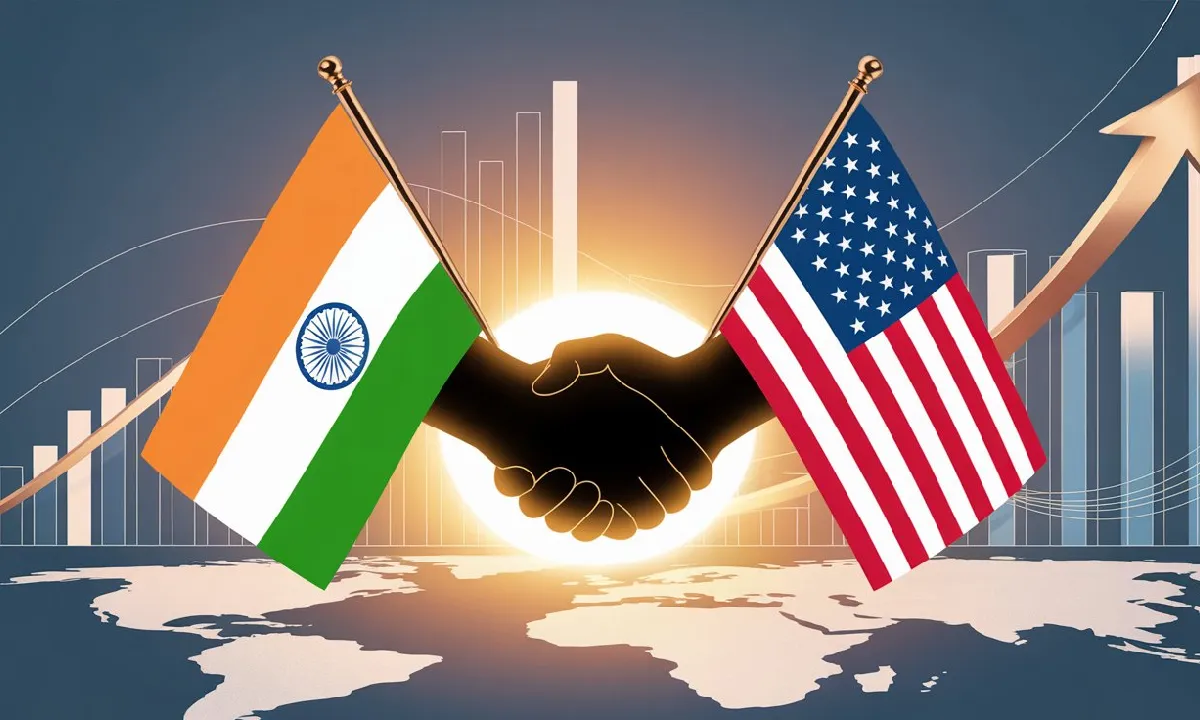India–US Trade Deal Final Stage News Image showing India and USA flags with handshake graphic and economic charts.