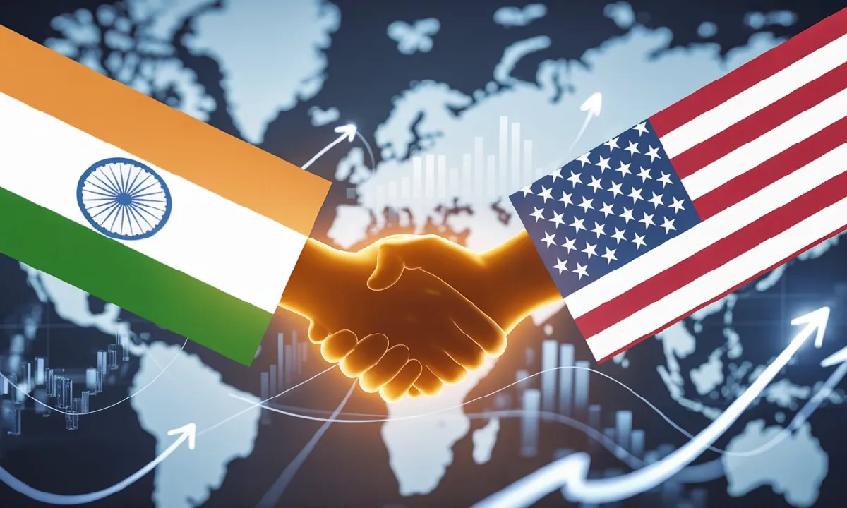 India–US Trade Deal Final Stage News Image showing India and USA flags with handshake graphic and economic charts.