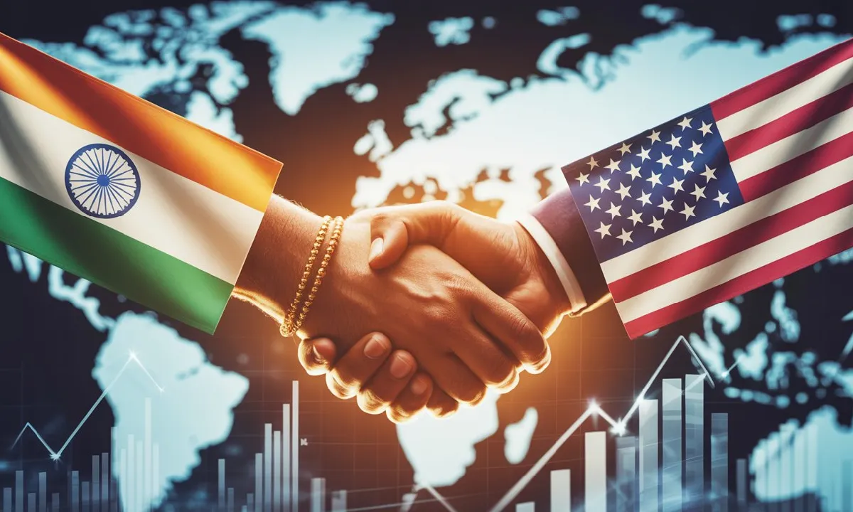 India–US Trade Deal Final Stage News Image showing India and USA flags with handshake graphic and economic charts.