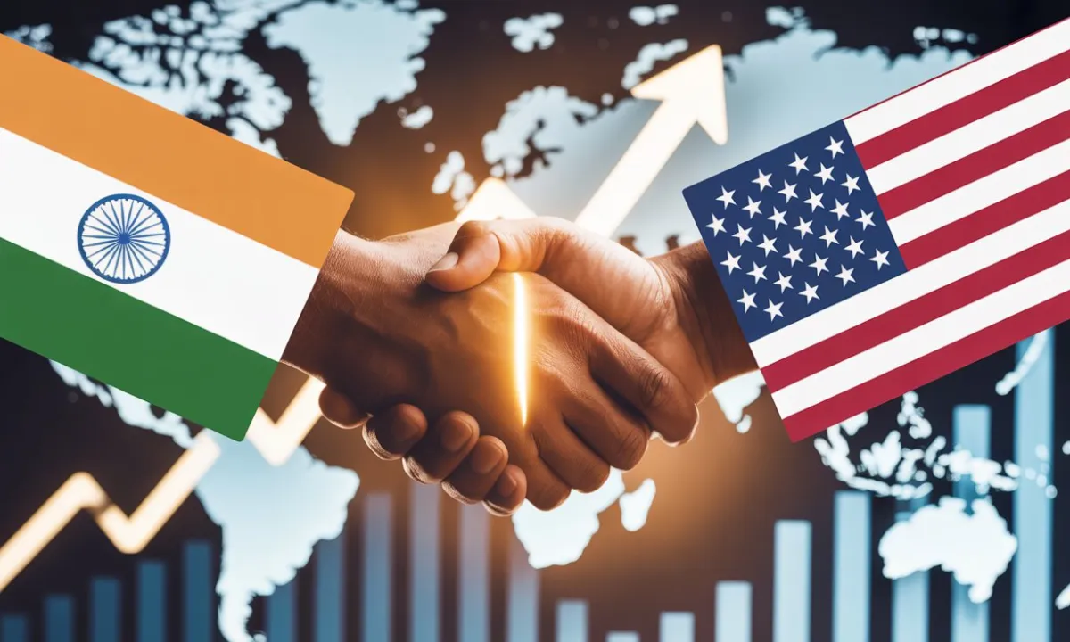 India–US Trade Deal Final Stage News Image showing India and USA flags with handshake graphic and economic charts.