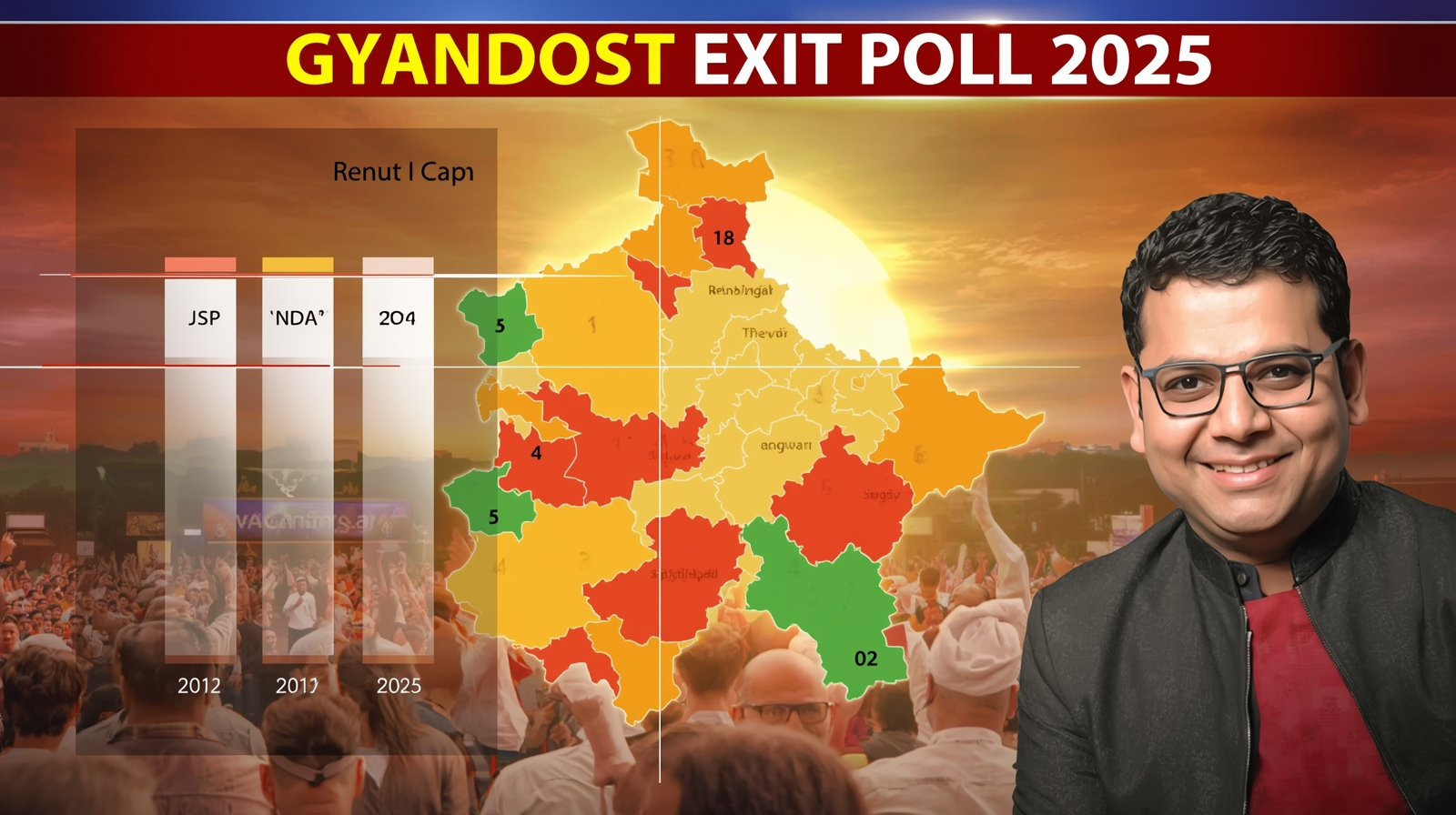Gyandost Exit Poll 2025 chart showing Jan Suraj Party (JSP) majority, Bihar map background, Prashant Kishor with supporters