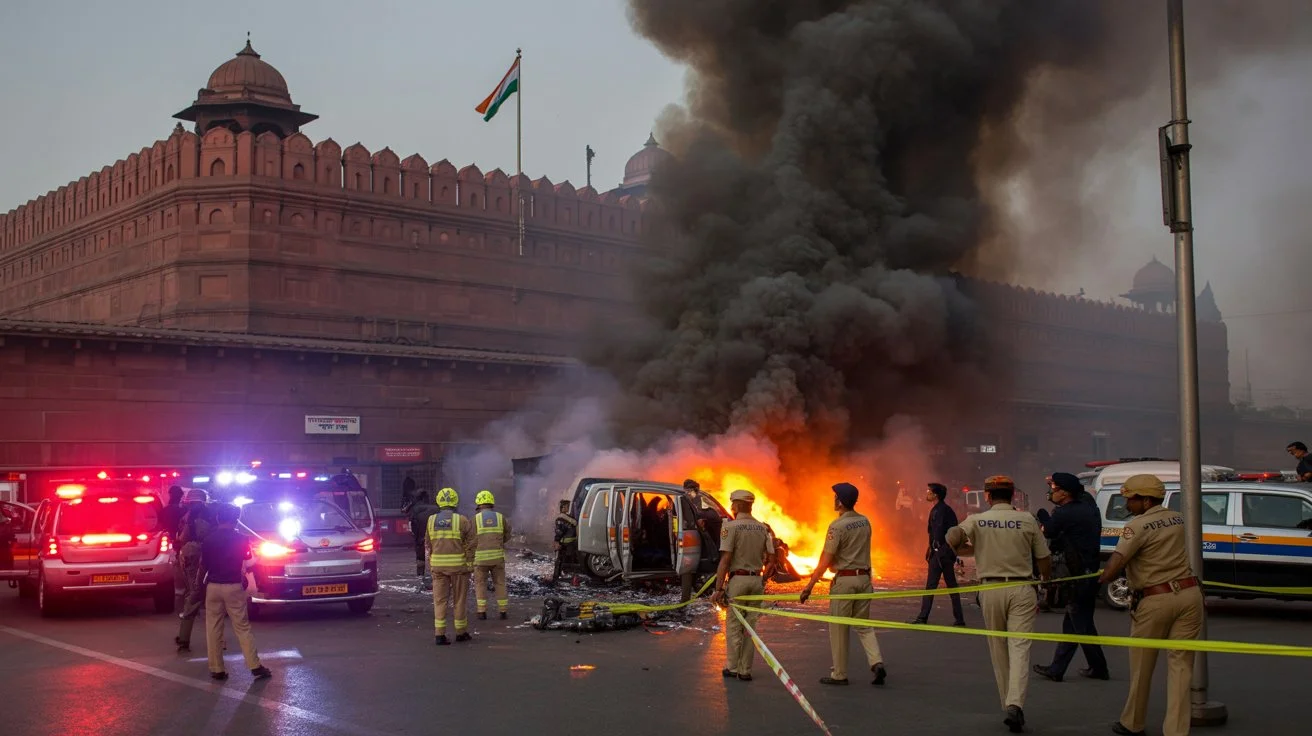 Delhi Red Fort Metro Station blast scene showing burning car, police investigation, and smoke — latest Delhi blast news 2025