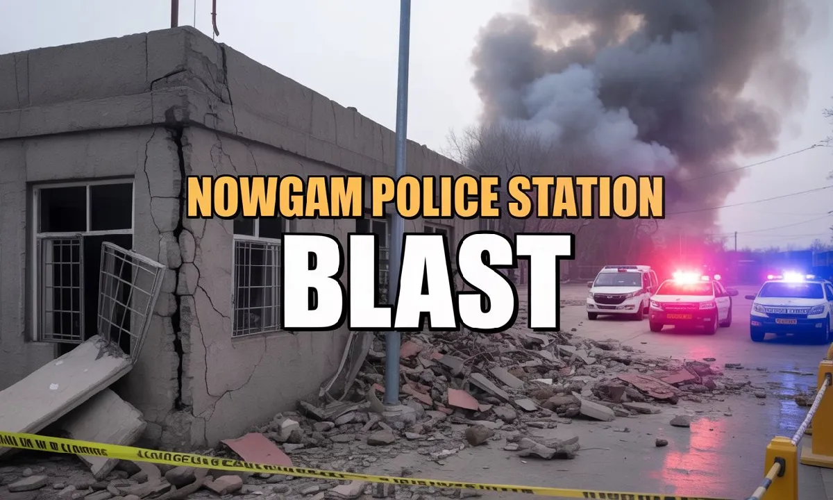 कश्मीर के Nowgam पुलिस स्टेशन ब्लास्ट के बाद धुआँ उठती इमारत और मौके पर मौजूद पुलिस टीम