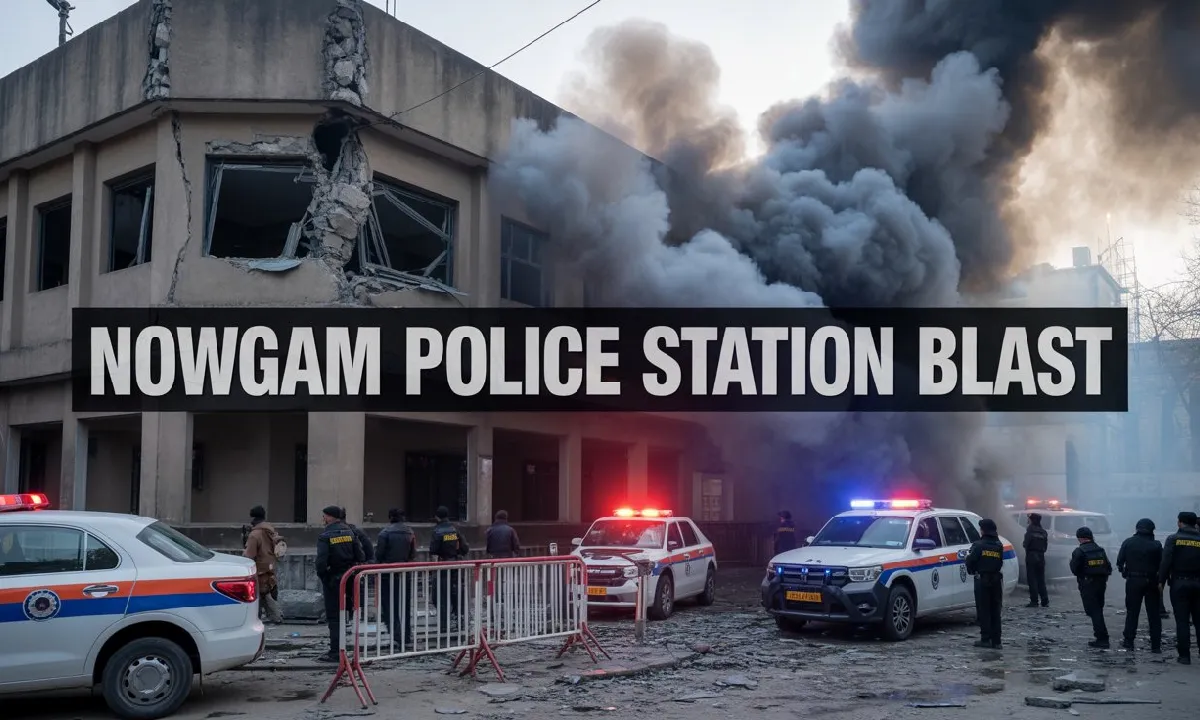 कश्मीर के Nowgam पुलिस स्टेशन ब्लास्ट के बाद धुआँ उठती इमारत और मौके पर मौजूद पुलिस टीम