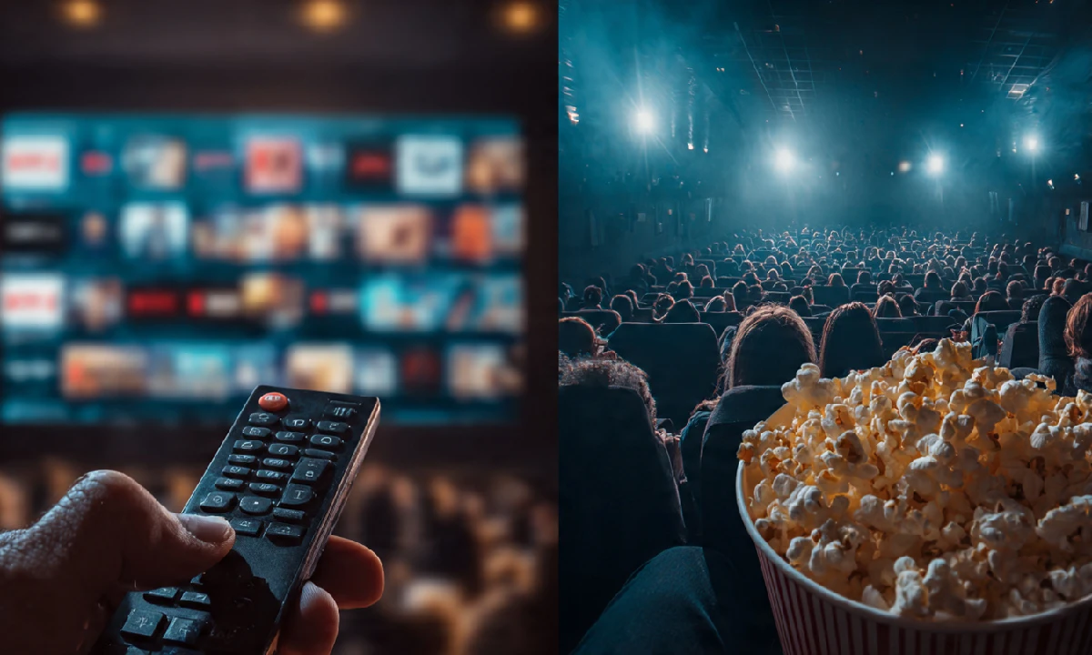OTT vs Theatre 2026 Comparison Image Showing Smart TV Streaming Interface on One Side and Crowded Cinema Hall on the Other Side