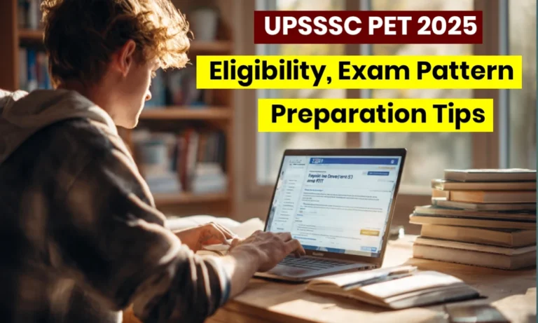 Student checking UPSSSC PET 2025 exam date and new rules on laptop in a realistic study setup