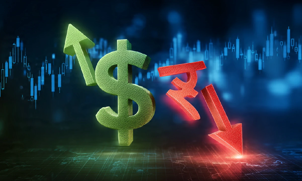 US Dollar symbol ($) rising upward with green arrow, Indian Rupee symbol (₹) falling downward with red arrow, forex charts in background showing INR depreciation and USD appreciation