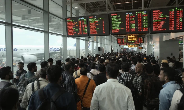 IndiGo flight cancellations के बाद एयरपोर्ट पर लंबी कतारों में खड़े यात्री, पीछे डिजिटल बोर्ड पर ‘Cancelled’ और ‘Delayed’ अलर्ट दिखाई देते हुए, IndiGo काउंटर पर भीड़ और अफरा-तफरी का माहौल।