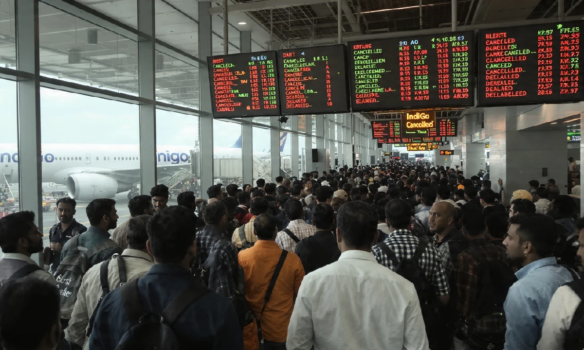 IndiGo flight cancellations के बाद एयरपोर्ट पर लंबी कतारों में खड़े यात्री, पीछे डिजिटल बोर्ड पर ‘Cancelled’ और ‘Delayed’ अलर्ट दिखाई देते हुए, IndiGo काउंटर पर भीड़ और अफरा-तफरी का माहौल।