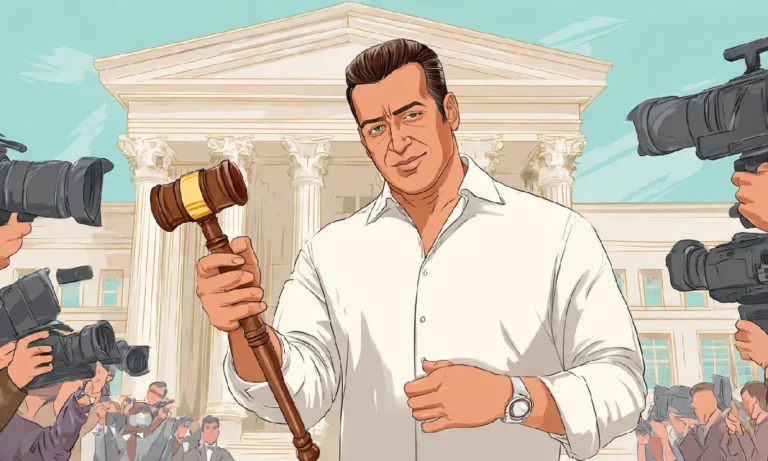 Salman Khan with Delhi High Court in background, media cameras and gavel, representing Personality Rights legal case and court directives.